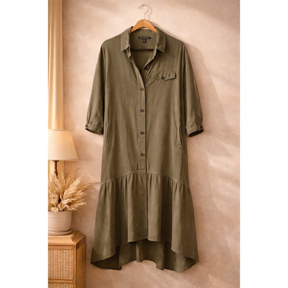 TRF Olive Green Dress Small High Low Button Front Utility Lightweight Casual Fun